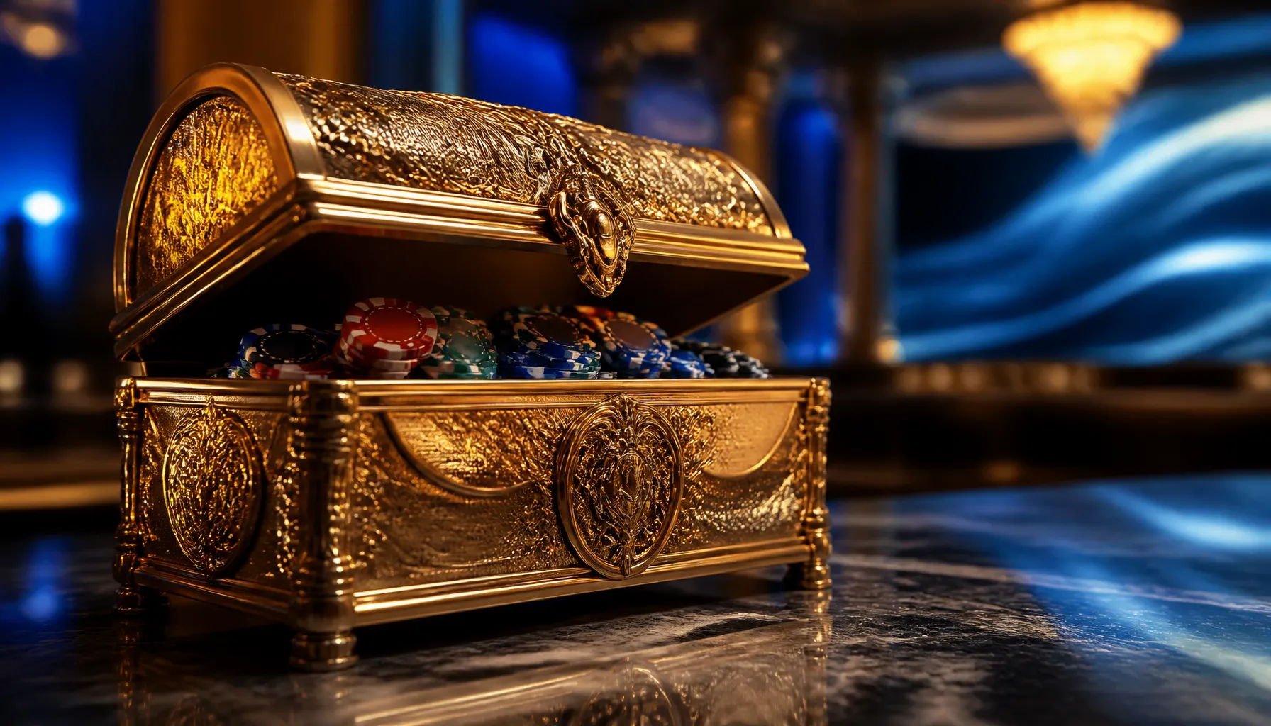 Glossy casino chips resting on a wet dark surface with turquoise ocean wave reflections in cinematic lighting