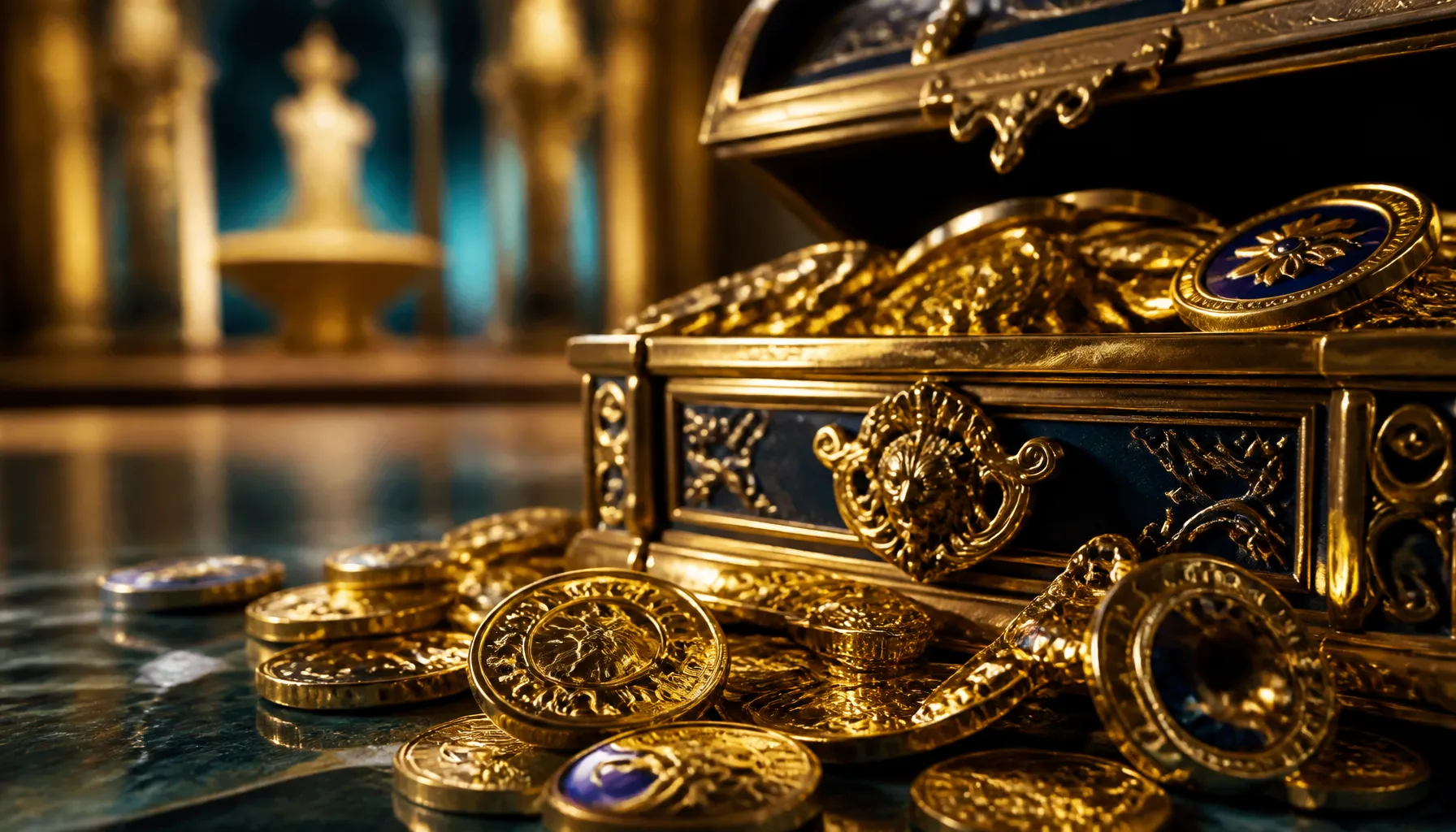 Close-up of gleaming casino chips resting on a rippling water surface with teal and gold reflections in cinematic luxury ligh