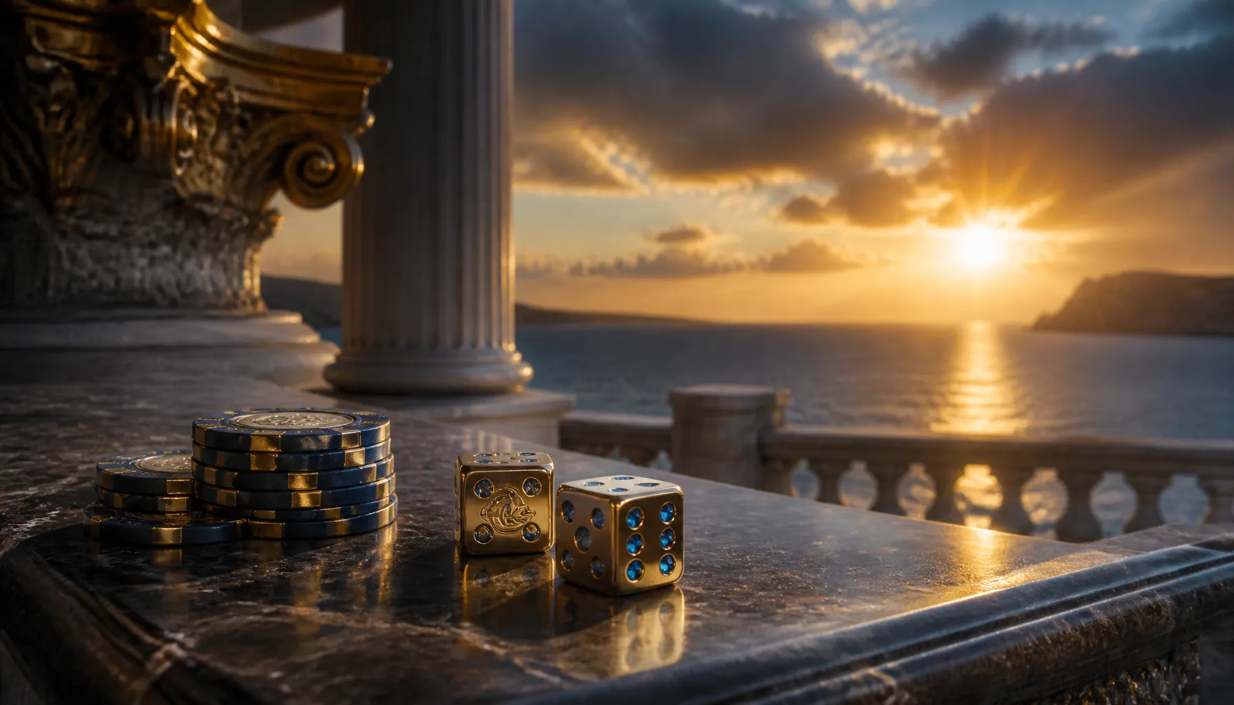 Glistening blue-green ocean waves reflected on a polished surface beside stacked premium casino chips in cool jewel tones