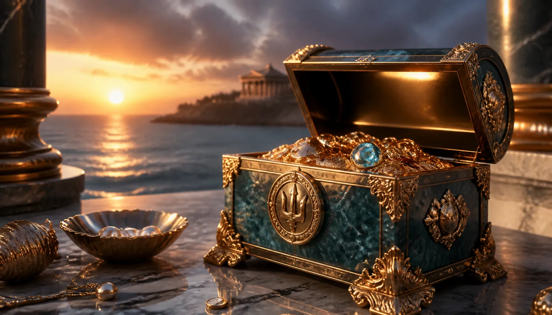 Cinematic close-up of gleaming casino chips resting on a wave-textured deep teal velvet surface with shimmering golden ocean 
