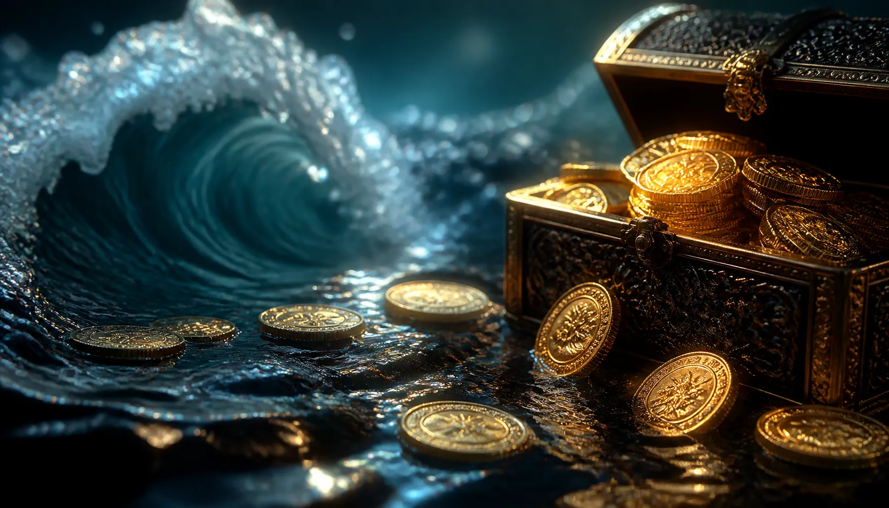 Glossy casino chips beside a foamy ocean wave splash on wet dark marble surface with jewel-toned teal and gold lighting