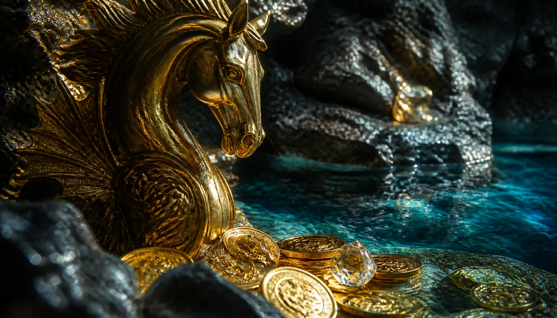 Luxury underwater-style treasure chest overflowing with gold coins on a dark teal oceanic surface with shimmering wave light 